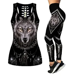 3D Printed Wolf Hollow Tanktop Women Sexy Vest Girls Fashion Tank Tops Casual Leggings Vest Set tanktops n leggings M