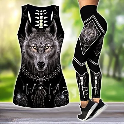 3D Printed Wolf Hollow Tanktop Women Sexy Vest Girls Fashion Tank Tops Casual Leggings Vest Set tanktops n leggings M