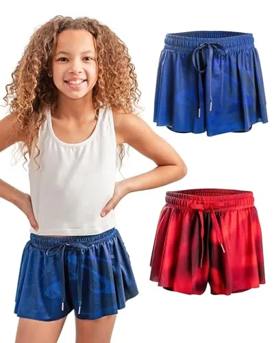 Dancina Girls Ombre Butterfly Shorts 2pack - Flowy Athletic 2-in-1 Skorts with Inner Pockets and Liner for Kids Ages 2-16