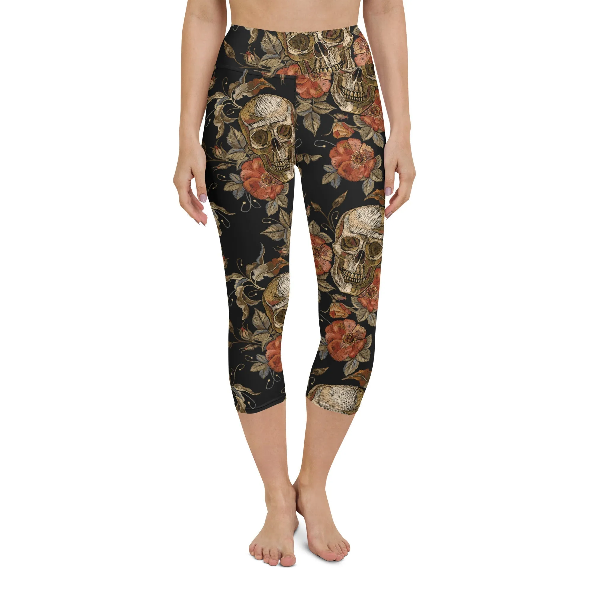 Embroidery Print Skull Yoga Capris