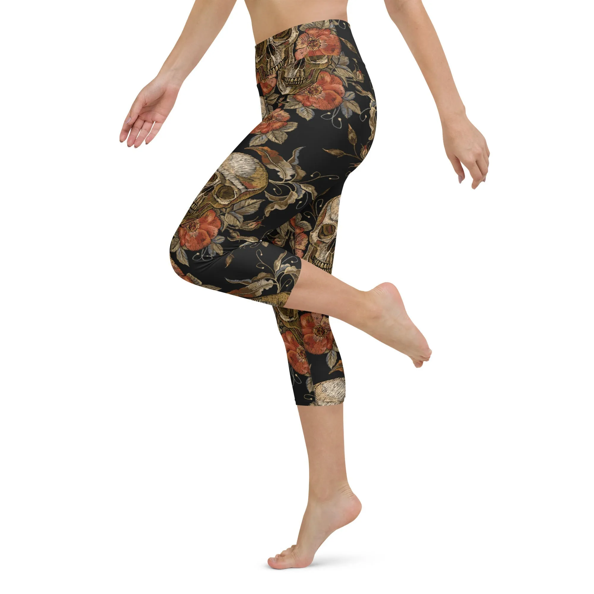 Embroidery Print Skull Yoga Capris