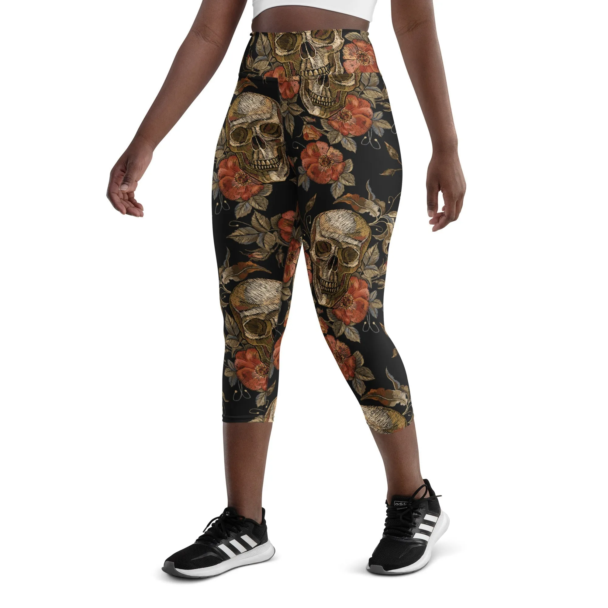 Embroidery Print Skull Yoga Capris