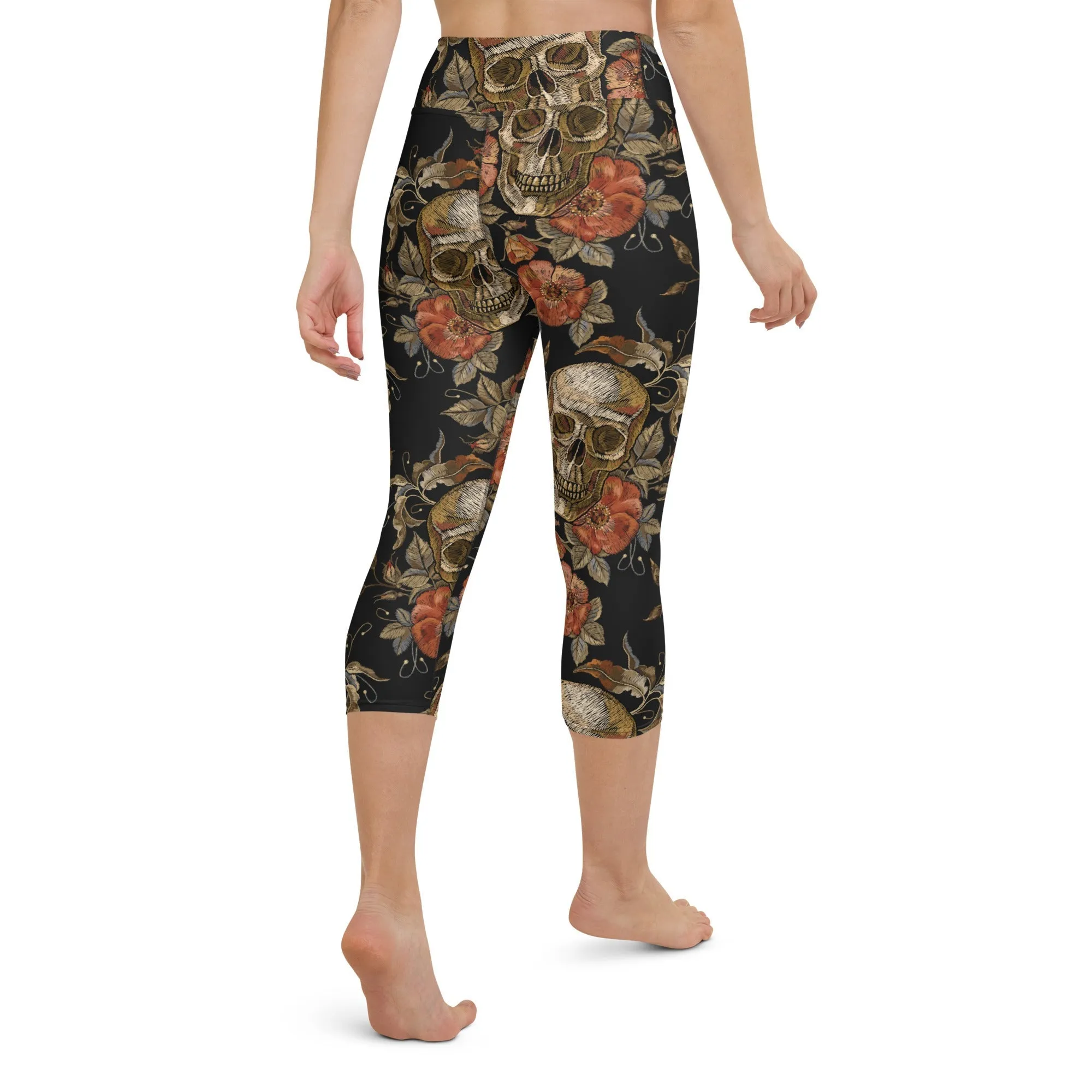 Embroidery Print Skull Yoga Capris