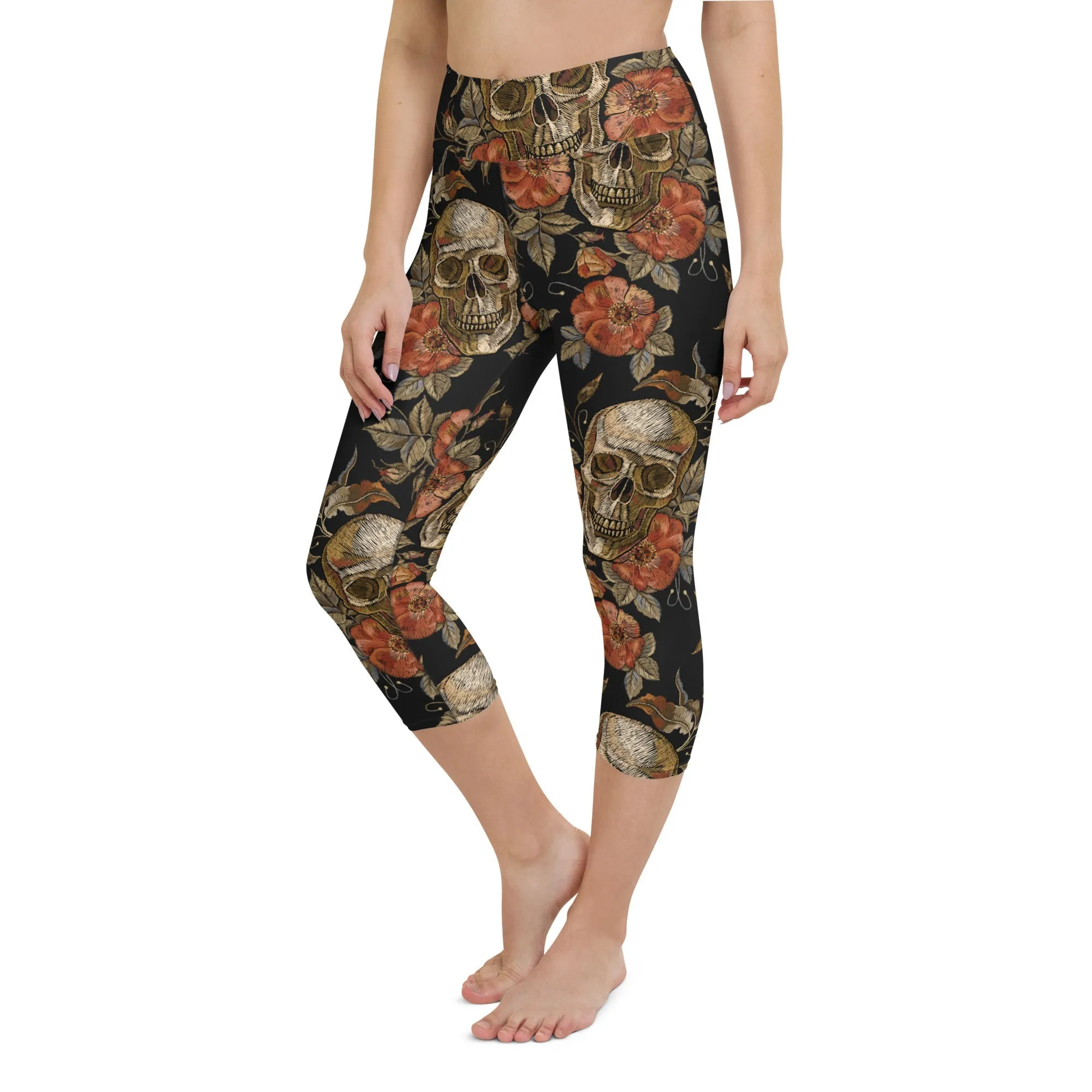 Embroidery Print Skull Yoga Capris