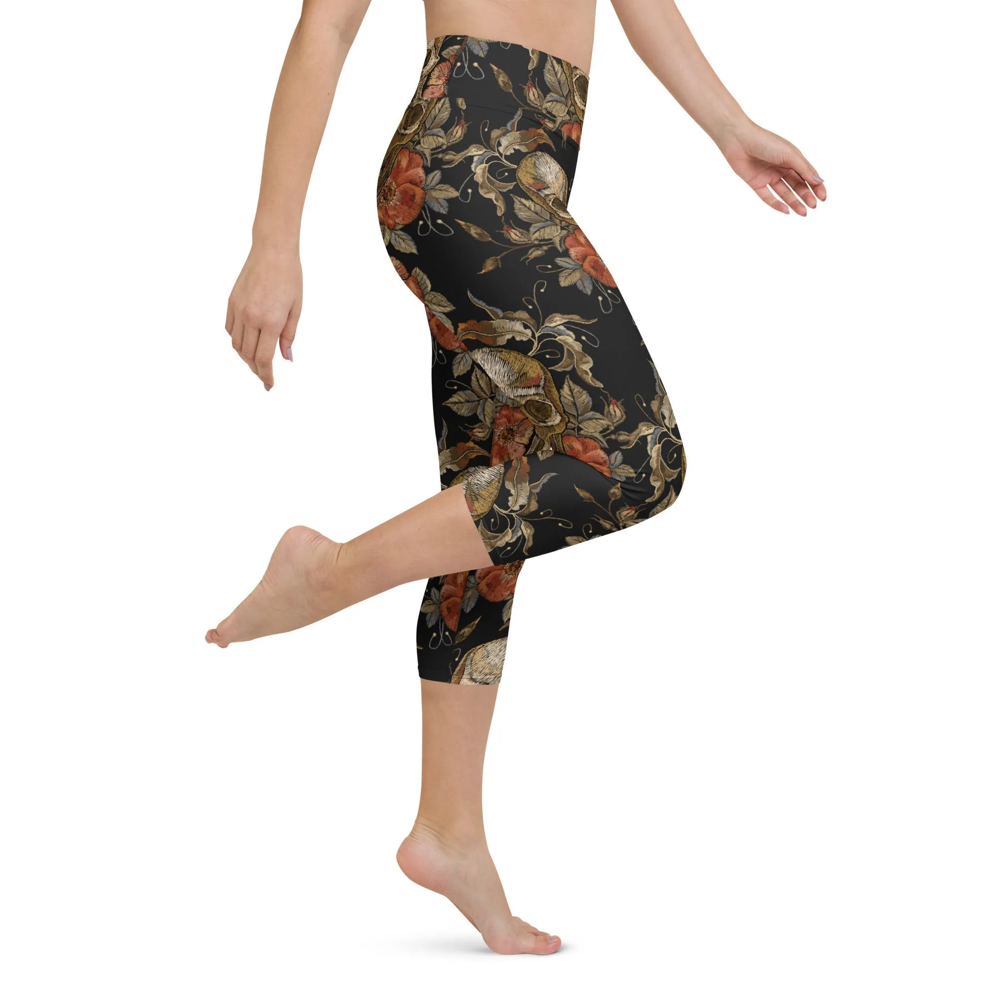 Embroidery Print Skull Yoga Capris