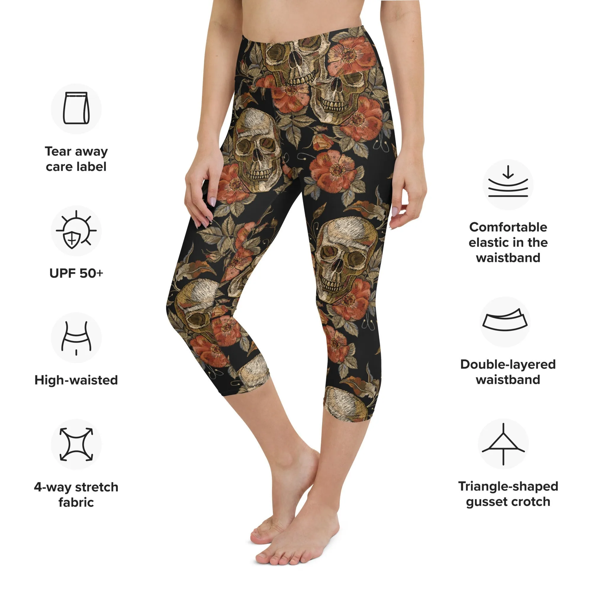 Embroidery Print Skull Yoga Capris