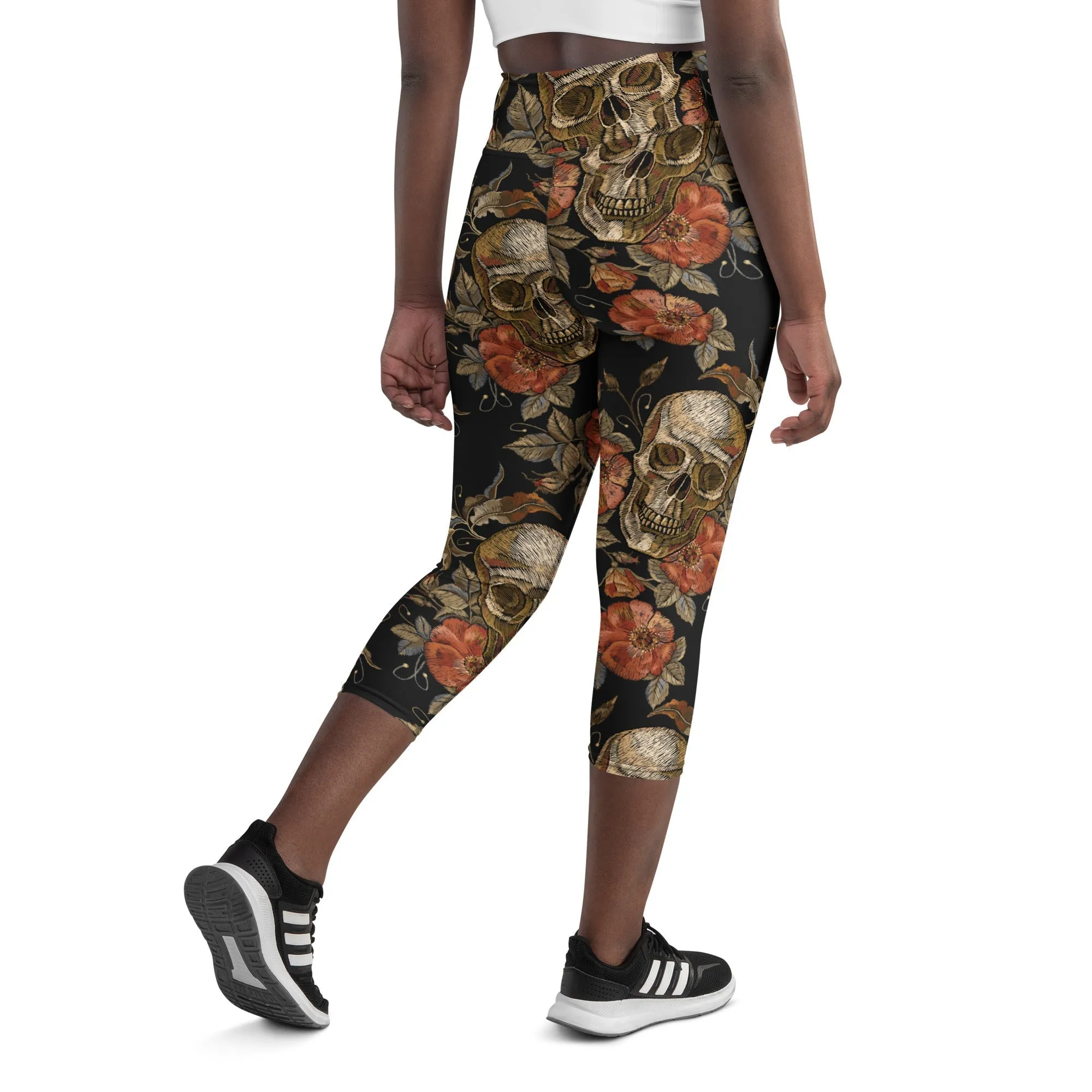 Embroidery Print Skull Yoga Capris