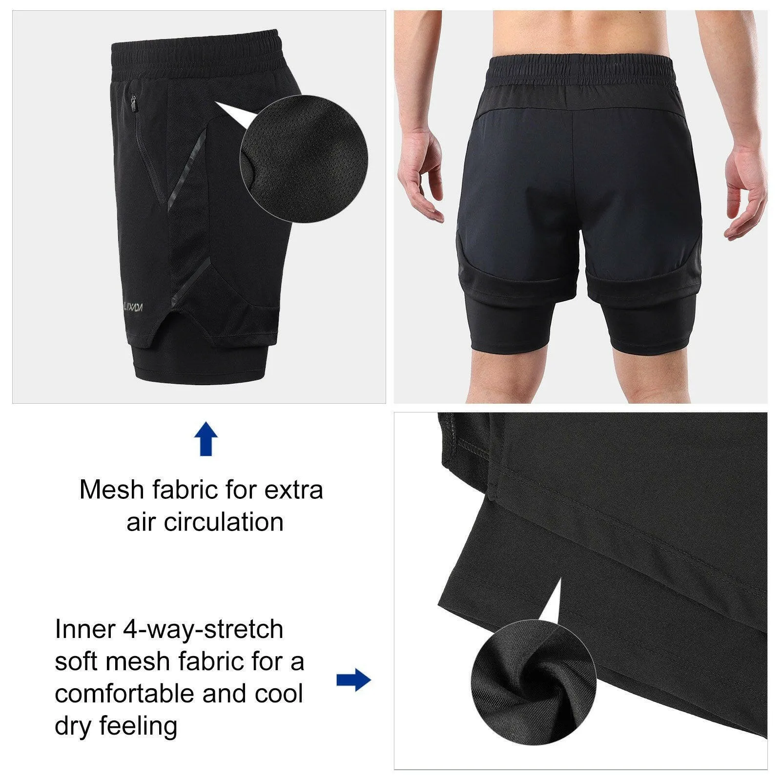 Lixada Men 2 in 1 Running Shorts Quick Drying Breathable Active Training Exercise Jogging Marathon Cycling Shorts