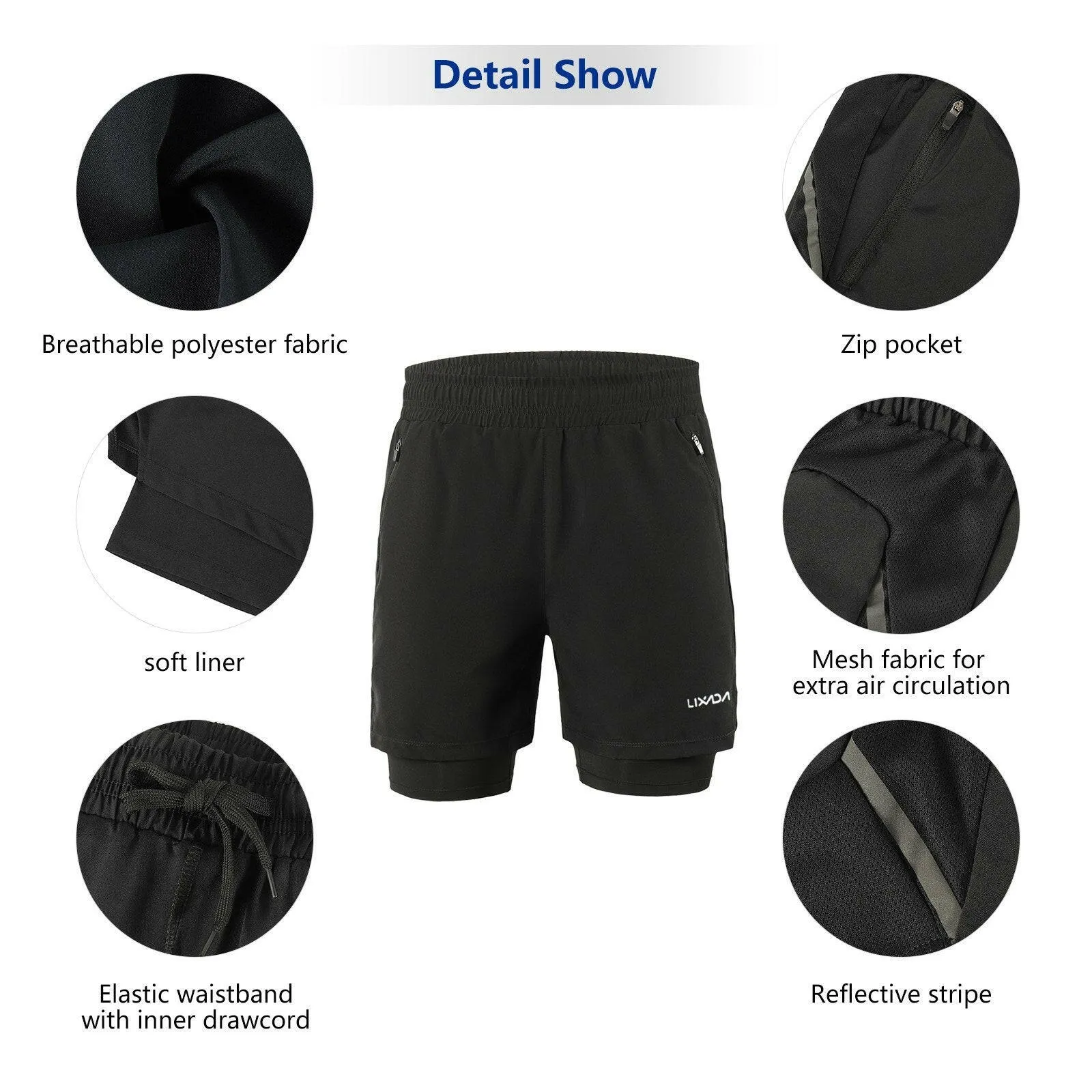 Lixada Men 2 in 1 Running Shorts Quick Drying Breathable Active Training Exercise Jogging Marathon Cycling Shorts