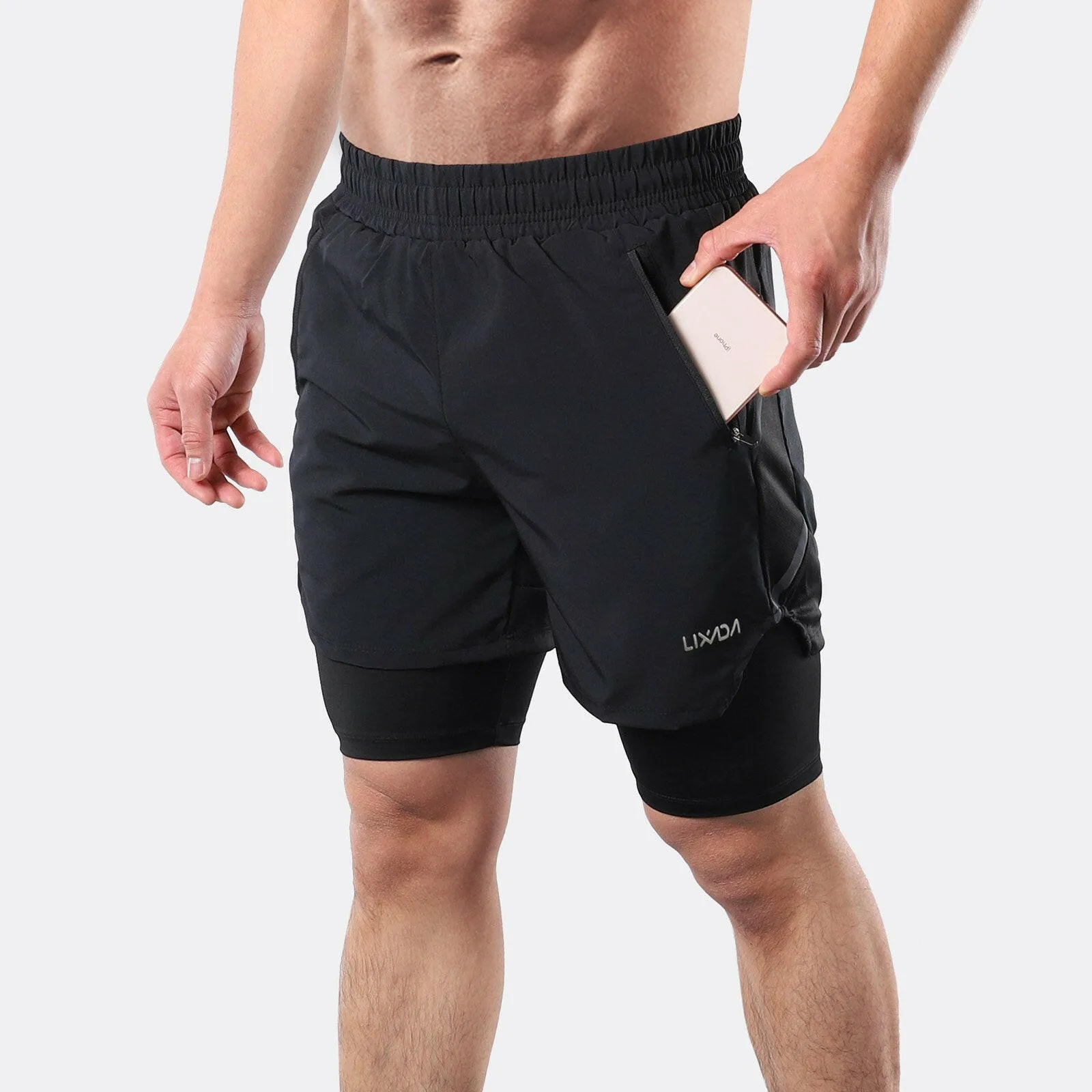 Lixada Men 2 in 1 Running Shorts Quick Drying Breathable Active Training Exercise Jogging Marathon Cycling Shorts