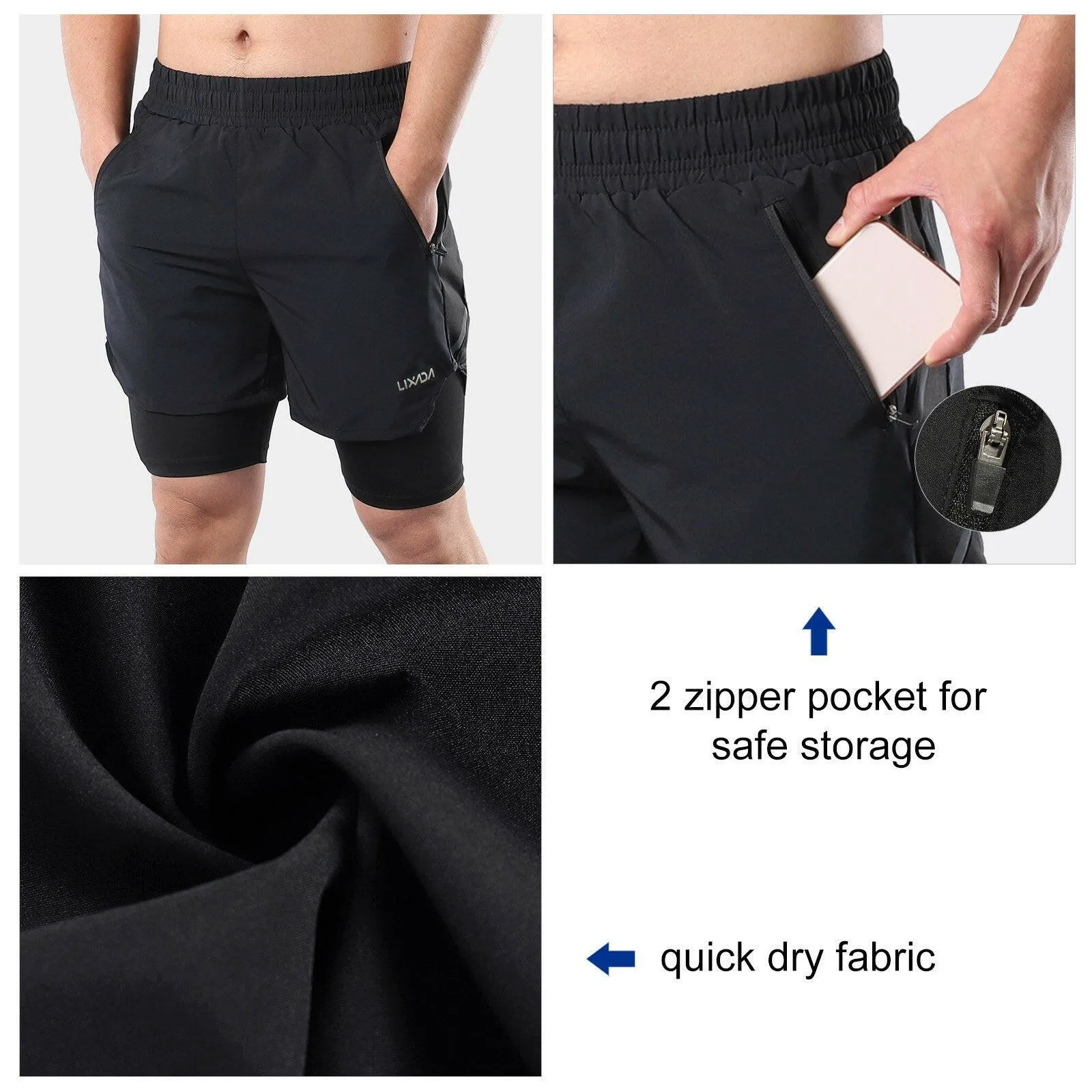 Lixada Men 2 in 1 Running Shorts Quick Drying Breathable Active Training Exercise Jogging Marathon Cycling Shorts