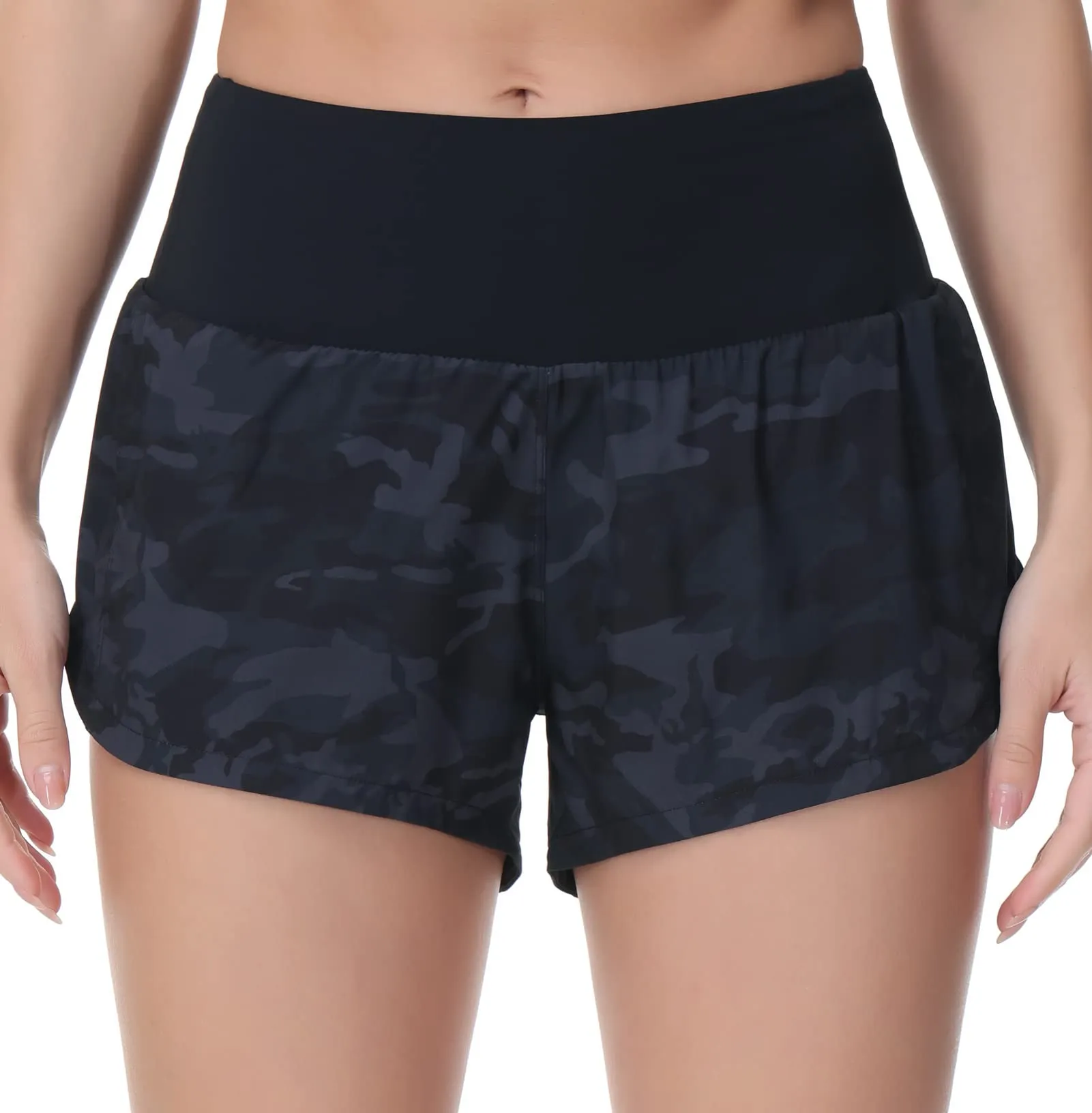 THE GYM PEOPLE Womens High Waisted Running Shorts Quick Dry Athletic Workout Shorts with Mesh Liner Zipper Pockets (Black Grey Camo, X-Large)