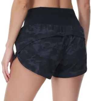 THE GYM PEOPLE Womens High Waisted Running Shorts Quick Dry Athletic Workout Shorts with Mesh Liner Zipper Pockets (Black Grey Camo, X-Large)