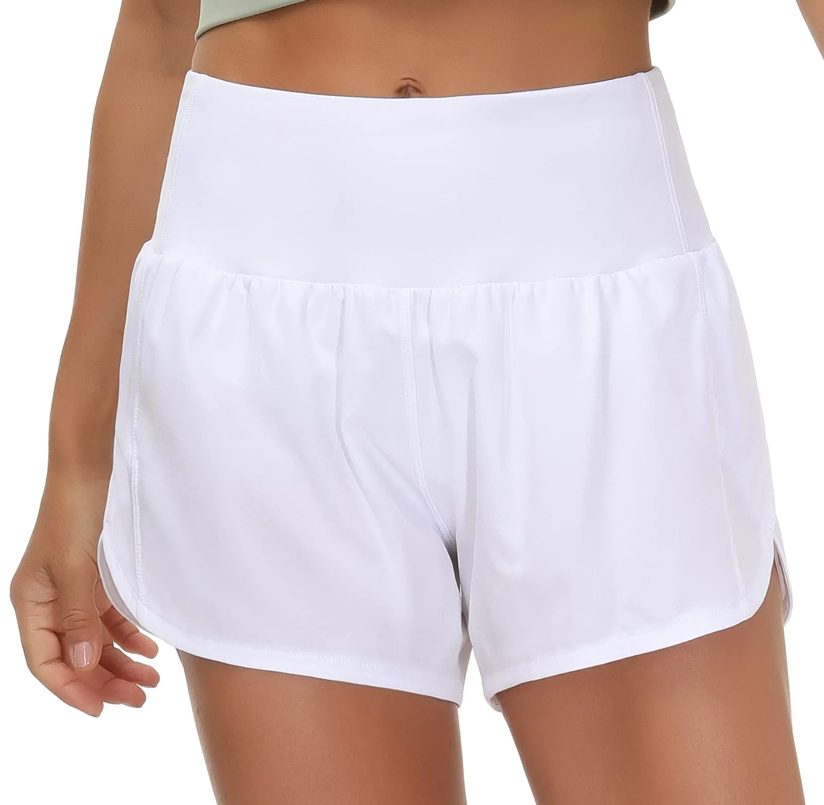 THE GYM PEOPLE Womens High Waisted Running Shorts Quick Dry Athletic Workout Shorts with Mesh Liner Zipper Pockets (White, X-Large)