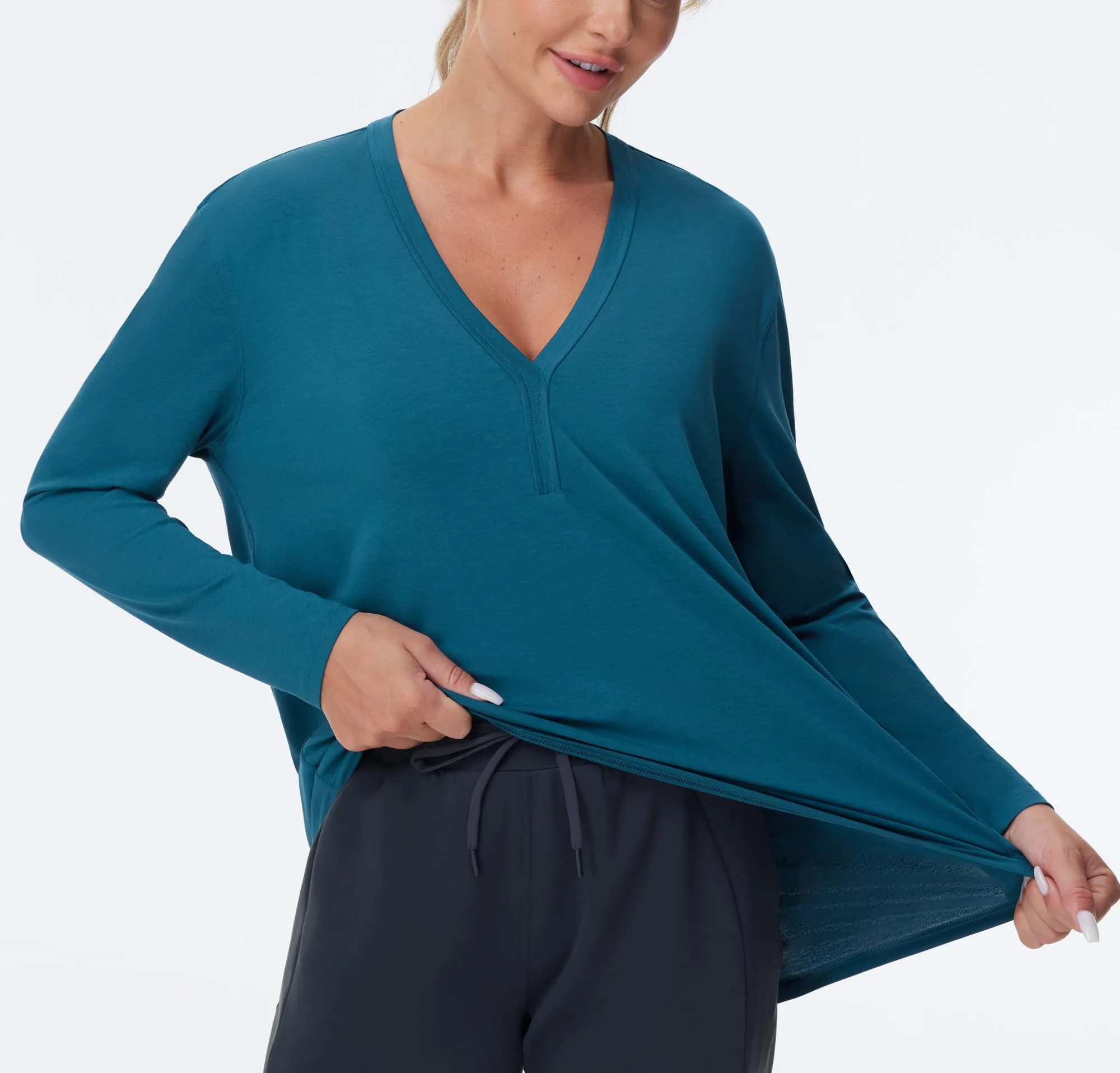 THE GYM PEOPLE Women's Long Sleeve Workout Shirts Loose Fit V-Neck Running T-Shirts Tops with Thumb Hole Dark Blue Green