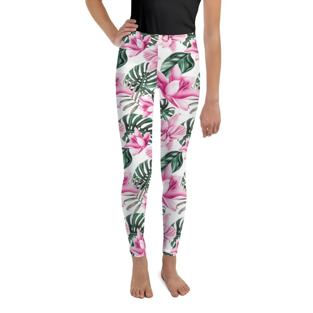 Tropical Floral White Youth Leggings