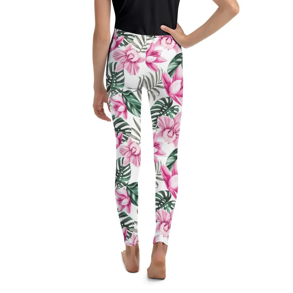 Tropical Floral White Youth Leggings