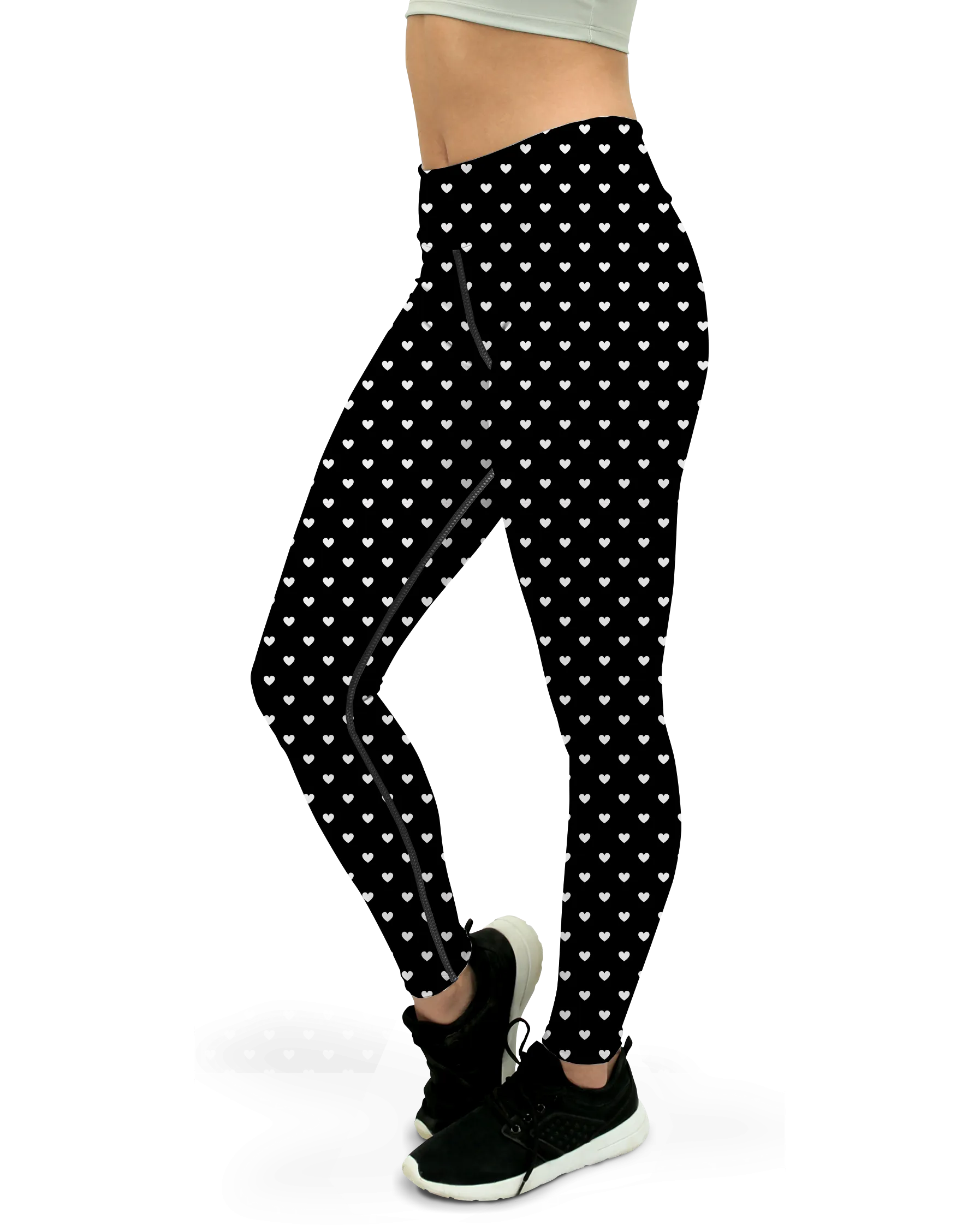 White Mini Hearts Black Yoga Pants