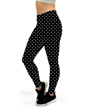 White Mini Hearts Black Yoga Pants