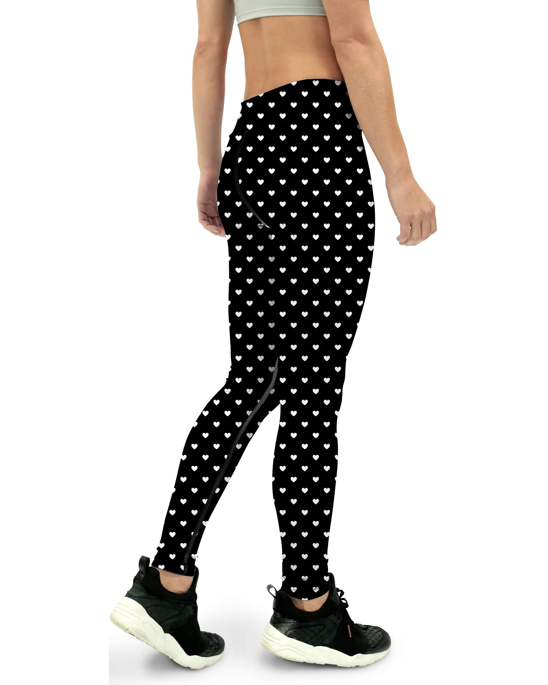 White Mini Hearts Black Yoga Pants