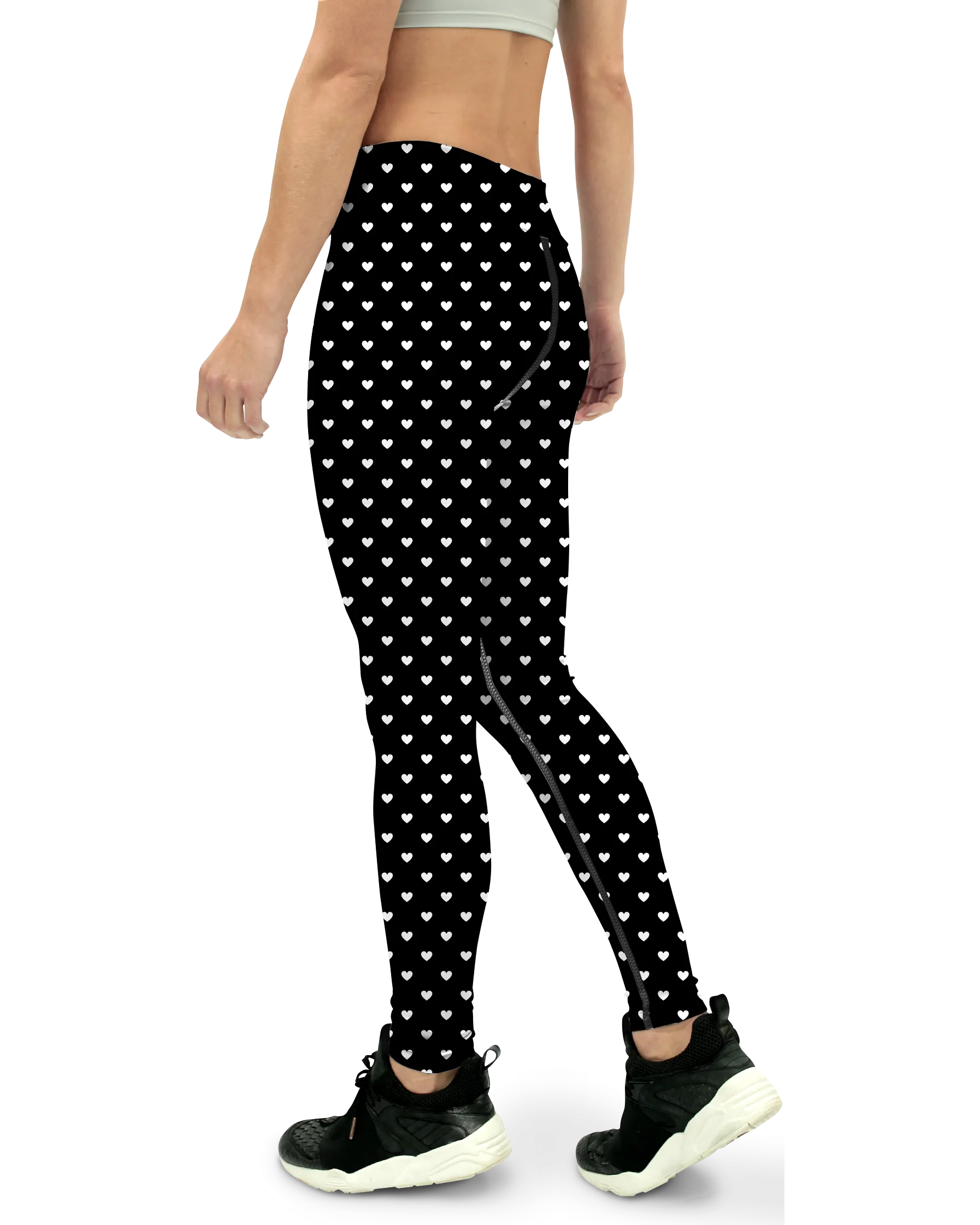 White Mini Hearts Black Yoga Pants