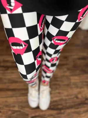 Witchful Thinking - Halloween Leggings: Black White Vampire Check